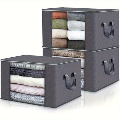3 cajas de almacenamiento de tela plegable grandes con ventana transparente y asas de transporte - Ideales para ropa, mantas, toallas - Perfectas para dormitorio, armario, residencia universitaria, spa, camping y organización de viajes
