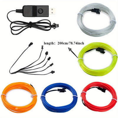 Juego de 7 piezas de 2 metros de largo de cable EL luminoso, con interruptor de controlador USB y 3 modos, cable EL de luz fría, cadena de luces decorativas de bricolaje, accesorios de baile fluorescentes.