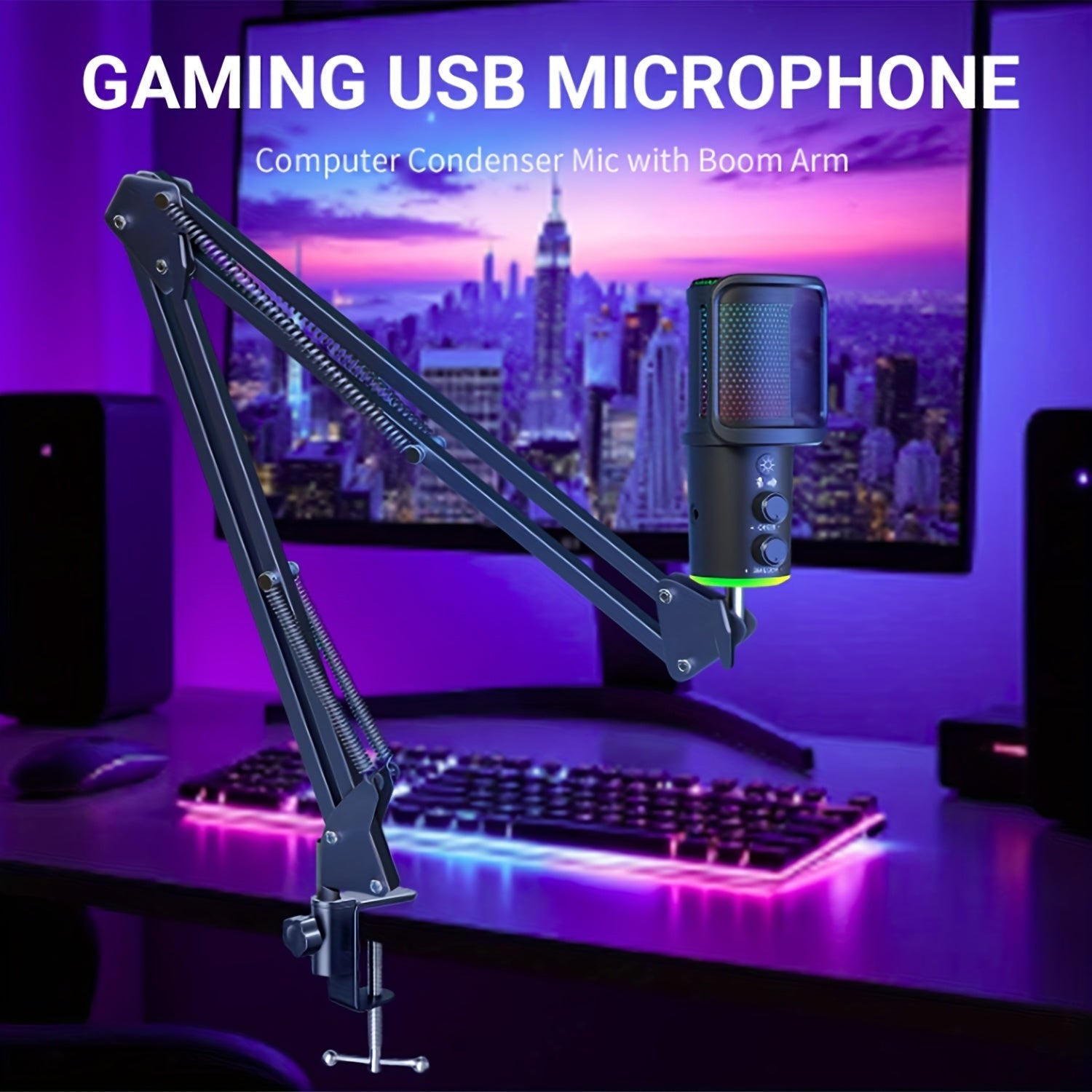 Microfono USB, Micrófono Condensador RGB con Brazo Boom Plug & Play, Kit de Microfonía Metálico Cardioid para PC y Computadora con Sonido Profesional para Grabación, Gaming y Canto, Incluye Filtro Anti-Pop