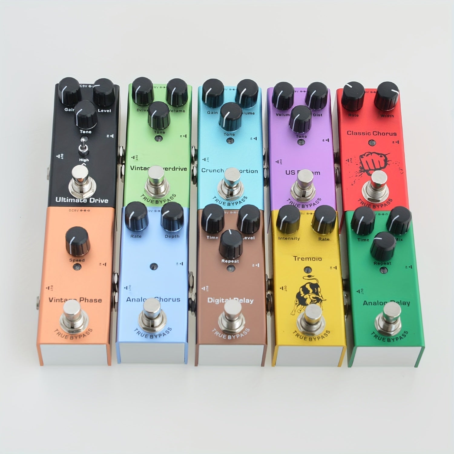 Pedal de efectos de distorsión vintage para guitarras eléctricas - Overdrive, Coro, Retraso y tono vocal con distorsión realista, 5 opciones de color (azul, rojo, verde, púrpura, negro), pedal vintage para guitarra, pedal de distorsión, diseño clásico de