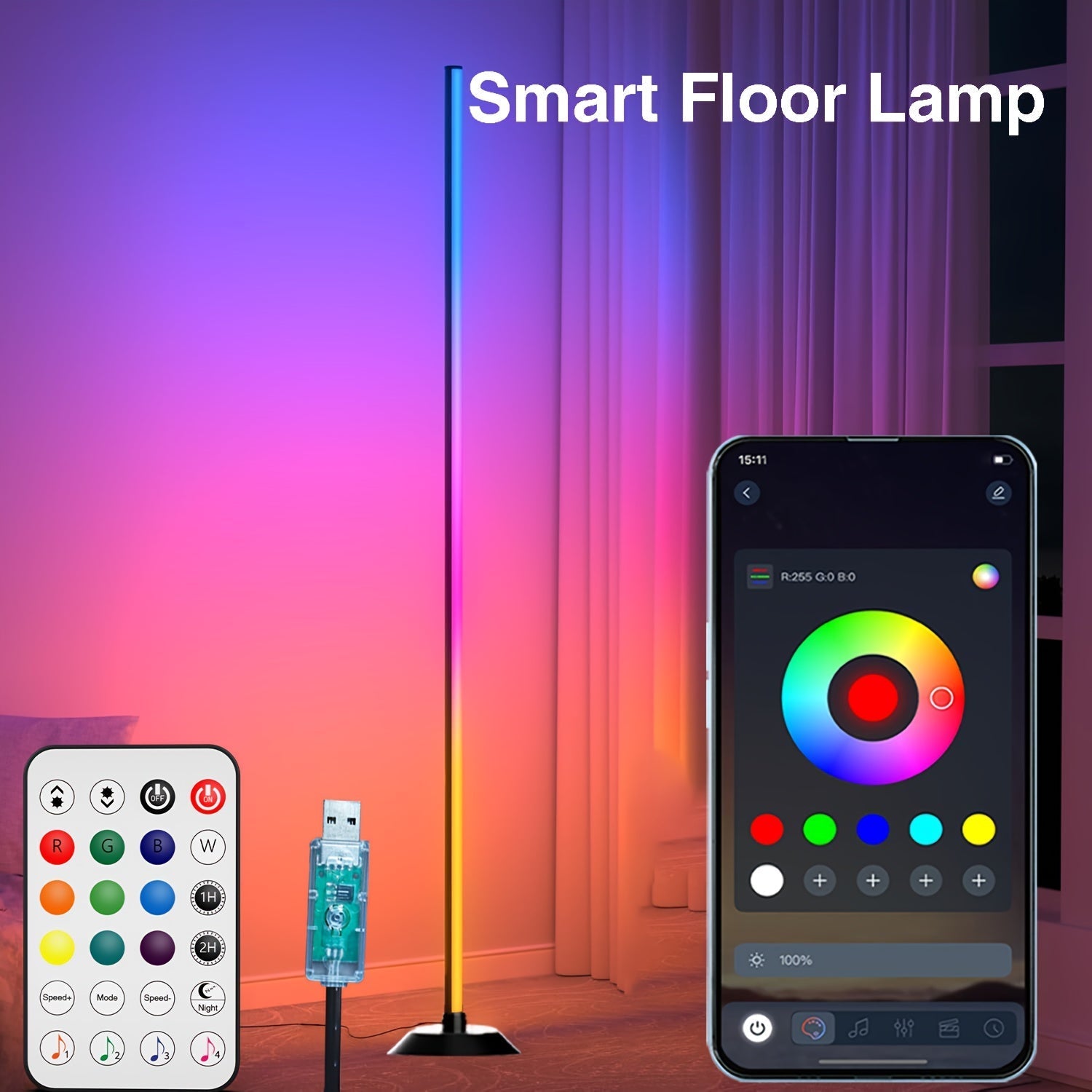 1pc Lámpara de Piso Inteligente NBBUFF, Tira LED RGB+IC para Dormitorio, Alimentación USB, Control por App con Temporizador y Sincronización Musical, Ideal como Luz Nocturna, Iluminación para Sala, Escenario, Fiestas de Halloween, Navidad y Bodas
