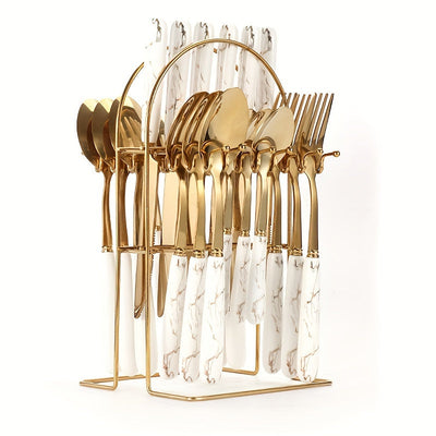 Juego de Cubiertos de Acero Inoxidable de 24 Piezas con Mangos de Cerámica, Cubiertos Elegantes para Comidas y Postres, Incluye Cuchillos, Tenedores, Cucharas, Cucharitas - Ideal para Uso en Casa, Restaurante, Hotel, Utensilios de Cocina