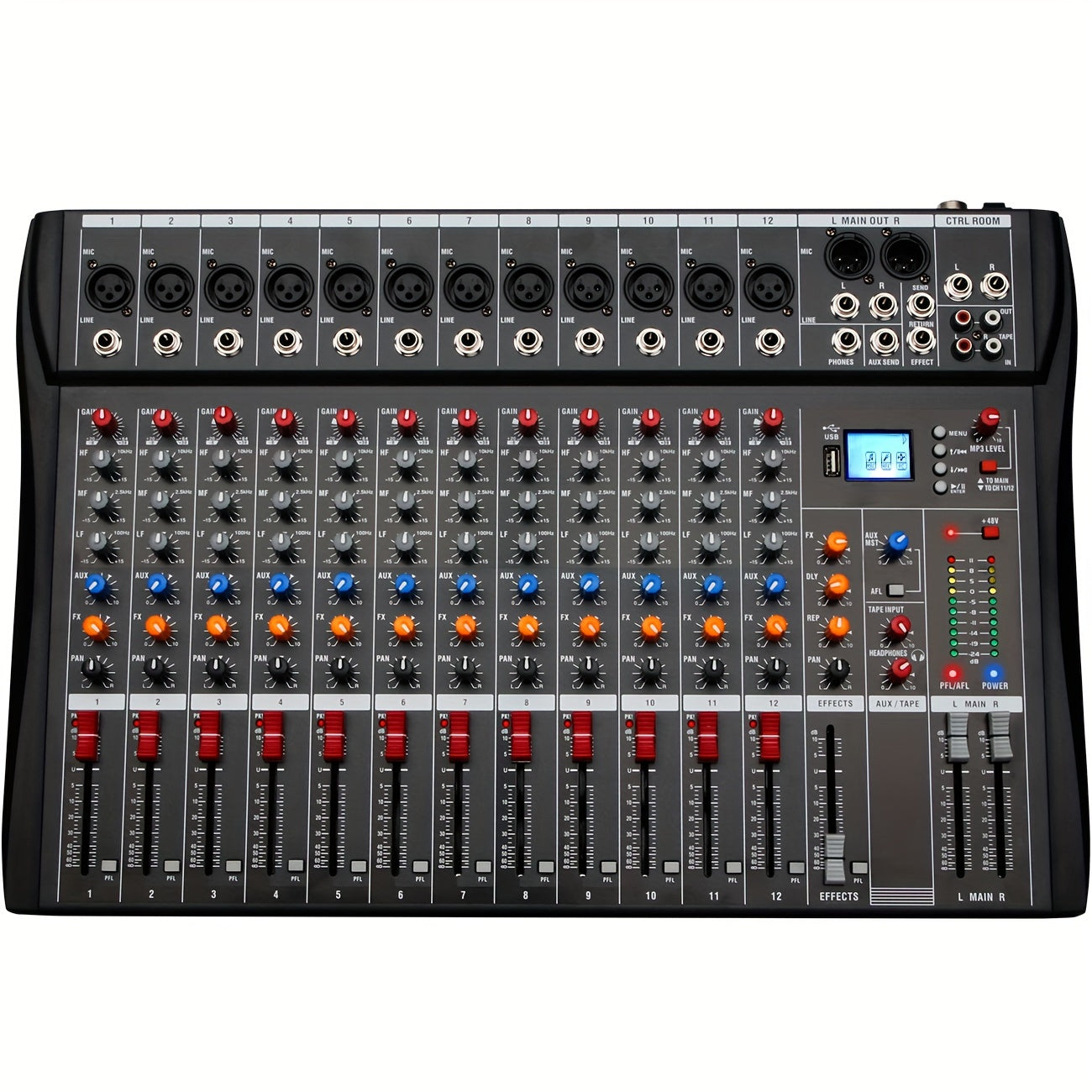 Mezclador de audio profesional DEPUSHENG de 6/8/12 canales - Negro, encendido, 110V-130V, estándar estadounidense, con USB, XLR, alimentación fantasma y entradas/salidas RCA para DJs, estudios y bares