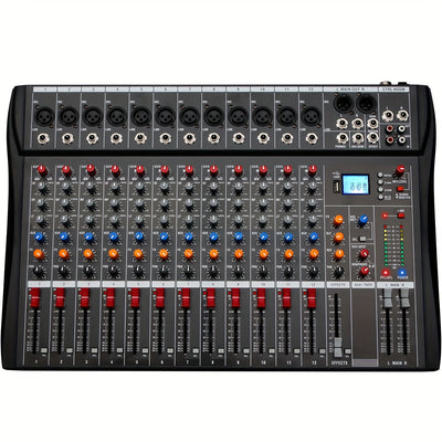 Mezclador de audio profesional DEPUSHENG de 6/8/12 canales - Negro, encendido, 110V-130V, estándar estadounidense, con USB, XLR, alimentación fantasma y entradas/salidas RCA para DJs, estudios y bares