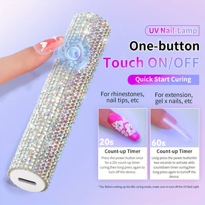 Lámpara de esmalte de uñas miniatura portátil con diamantes de imitación brillantes - Luz de manicura portátil, recargable por USB, batería incorporada, regalo perfecto para mujeres en vacaciones y cumpleaños, suministros de arte de uñas