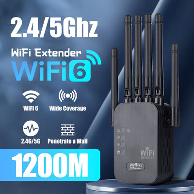 Repetidor de señal Wi-Fi, amplificador de red para el hogar, compatible con sistema WIFI6, doble banda de alta velocidad, 2.4GHz y 5GHz, fácil instalación, diseño de 6 antenas para cobertura estable en toda la casa, ideal para oficinas y bibliotecas
