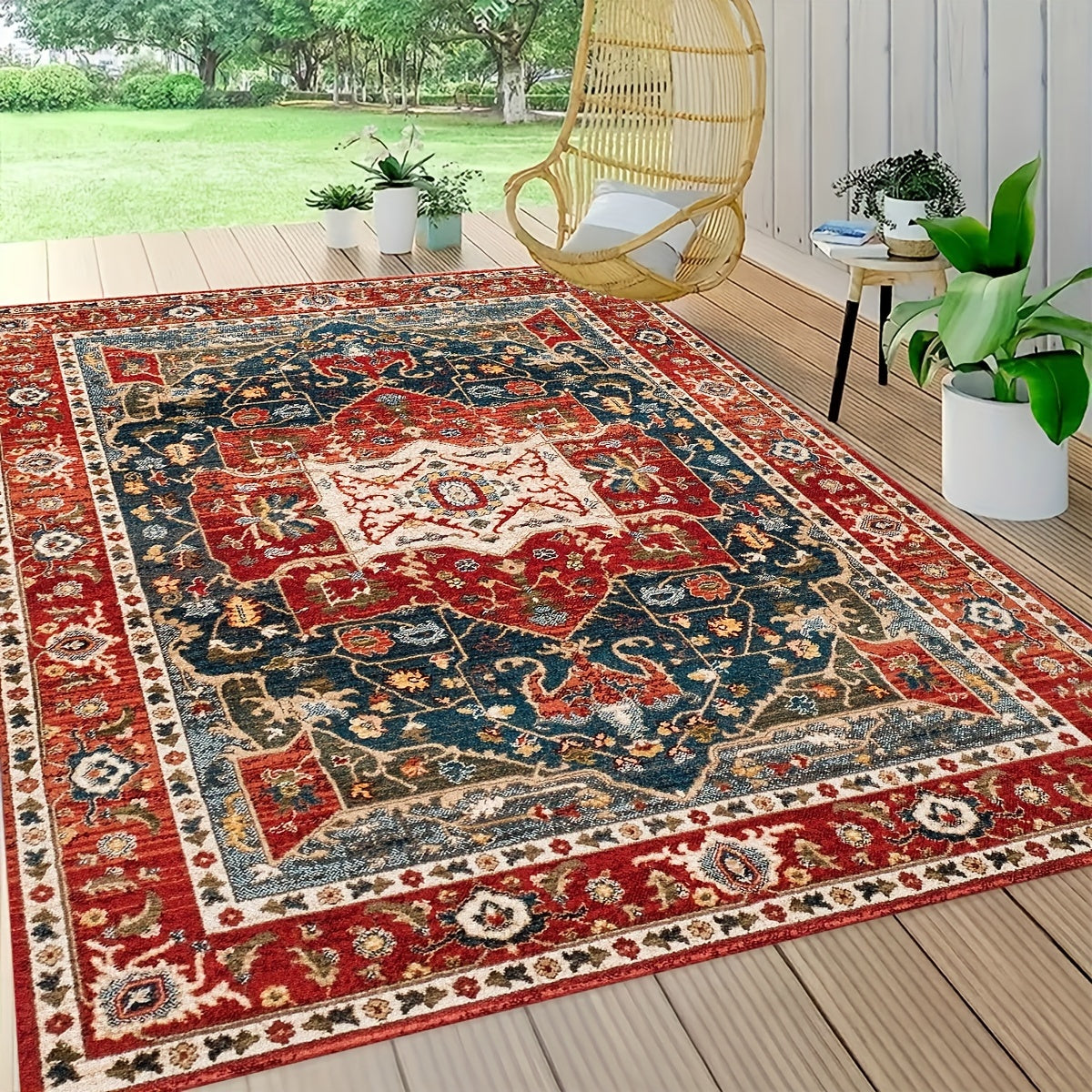 1 pieza Alfombra Europea Vintage Roja con Patrón Persa Geométrico para Jardín Adecuada para Exteriores, Entrada Gruesa Suave Lavable Antideslizante de Gran Tamaño para Decoración Exterior