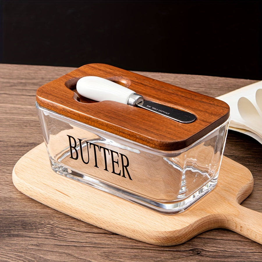 1 Juego de mantequillera de vidrio con tapa de madera de acacia YumiPLUS, caja de almacenamiento de mantequilla de vidrio grueso con diseño, para cocina casera, recipiente grande para mantequilla, protector de galletas, regalo ideal para amigos y familia