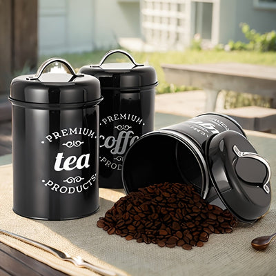 3 piezas de contenedores de almacenamiento de metal premium con tapas - Organizador de alimentos y té redondo reutilizable para café, azúcar, confitería - Solo lavado a mano, solución de almacenamiento de cocina multiusos