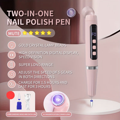 Juego de lima eléctrica portátil 2 en 1 con lámpara de uñas de 5 velocidades ajustable + pulidora USB recargable, ideal para salón y uso doméstico