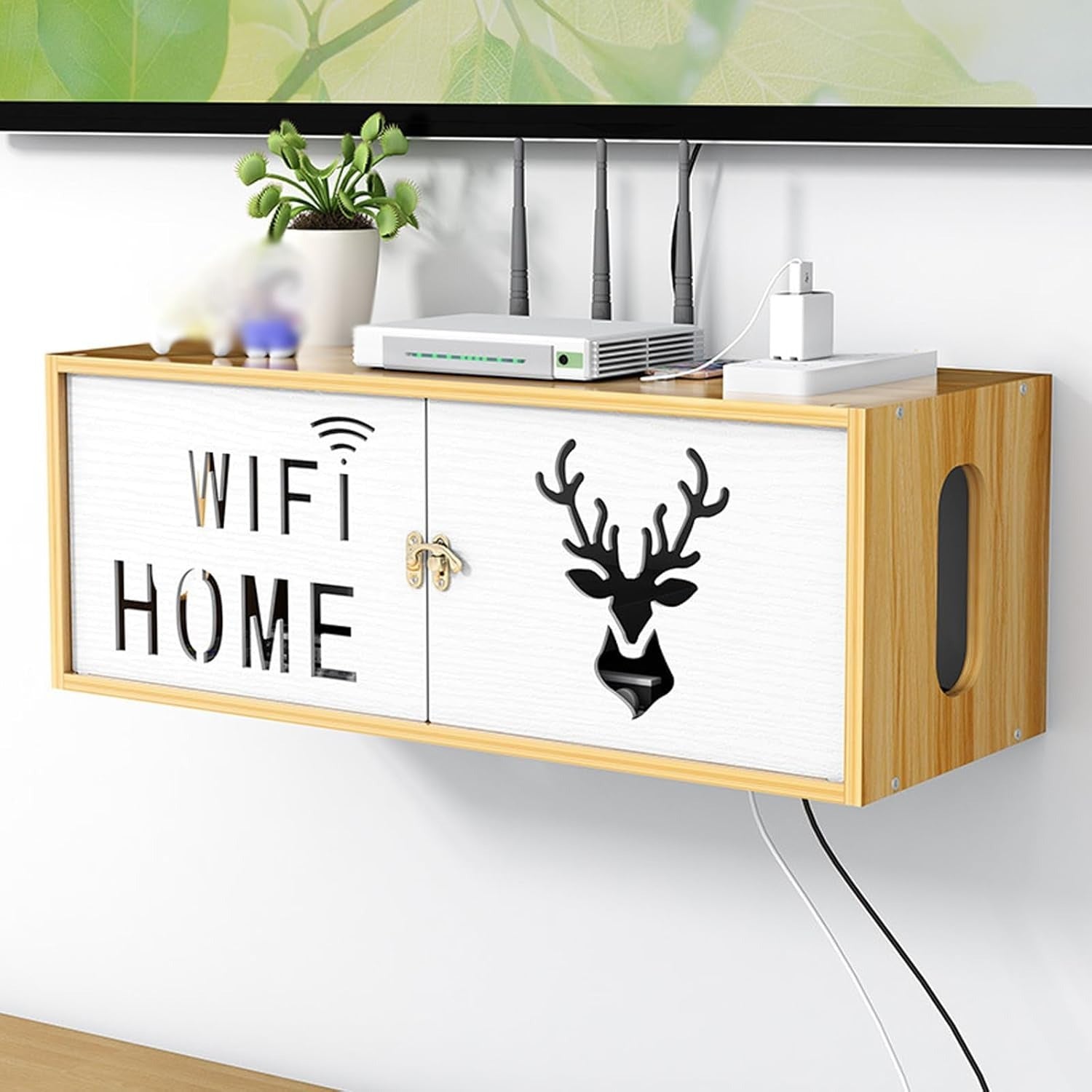 1pc Estante Flotante para Ruta WiFi - Gabinete de Almacenamiento con Gran Capacidad para Router sin varillas y 100pcs Bridas Negras (150mm), Diseño Moderno Minimalista en Madera y Blanco, Organizador Ahorrador de Espacio para Dormitorio, Sala de Estar
