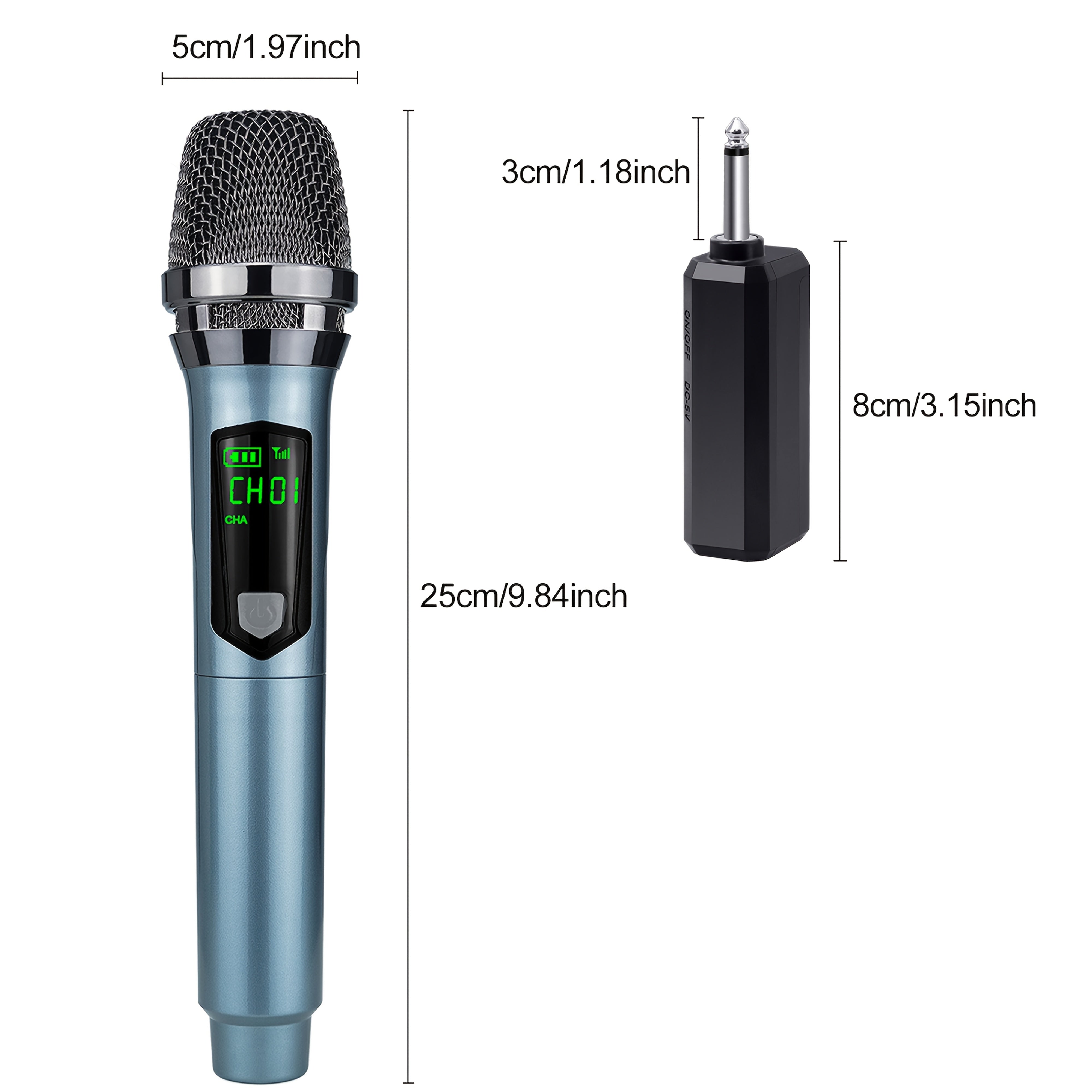 Micrófono dinámico gris Heikuding 108 con control de volumen, batería de litio recargable por USB, conector de 6,35 mm, inalámbrico a 2,4 MHz, con clip y soporte para actuaciones en vivo, grabación y transmisión.
