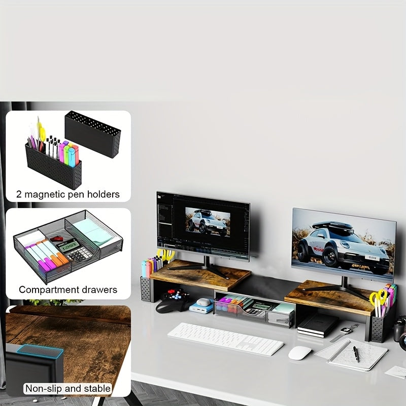 Soporte Elevador para Doble Monitor, Organizador de Escritorio con Cajón y 2 Porta Bolígrafos, Soporte para Monitores de Computadora para Hogar y Oficina