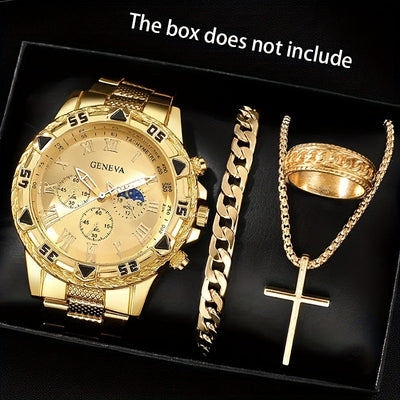 1-4 Piezas Set de Reloj para Hombre, Reloj Deportivo de Cuarzo con Collar y Pulsera a la Moda, Esfera Redonda Clásica, Correa Dorada Cómoda, Regalo Perfecto para Familiares y Amigos, Ideal para Pascua o Atuendo Casual