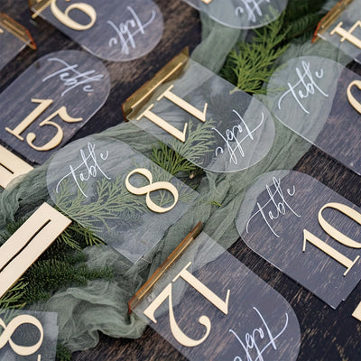 1 SET de números de mesa de boda de acrílico del 1 al 10 con soporte 10 x 15cm Números dorados elegantes Acrílico grueso y duradero Indicador de número de mesa adecuado para recepción, cumpleaños, aniversarios, decoración de centro de mesa de bodas, etc.