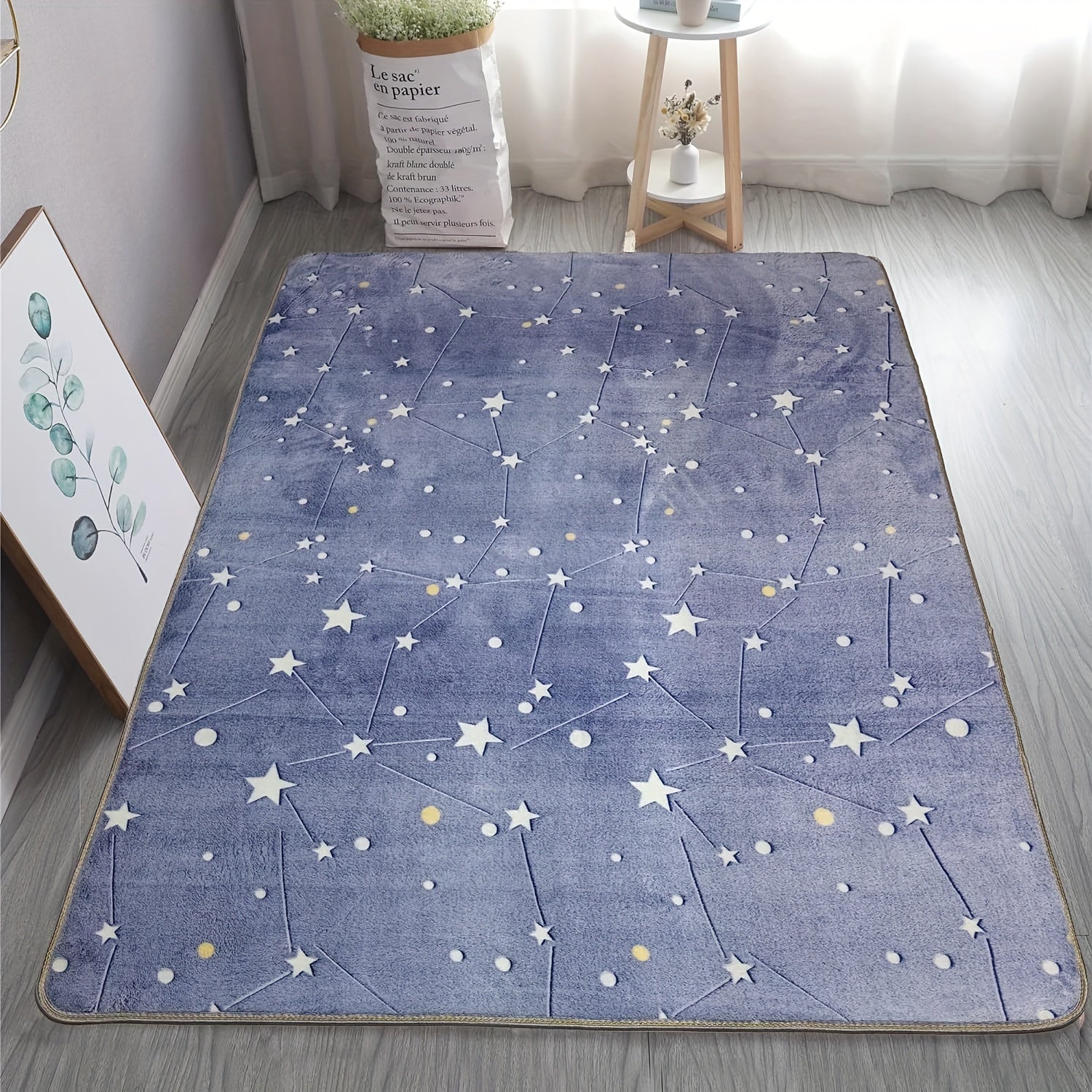 Alfombra ligera de poliéster Skeiyo - Lavable a mano, pelo bajo, alfombra rectangular hecha a máquina con color sólido y rayas, patrón de estrellas brillantes para uso en interiores, ideal para la decoración de habitaciones y dormitorios, festiva para Na