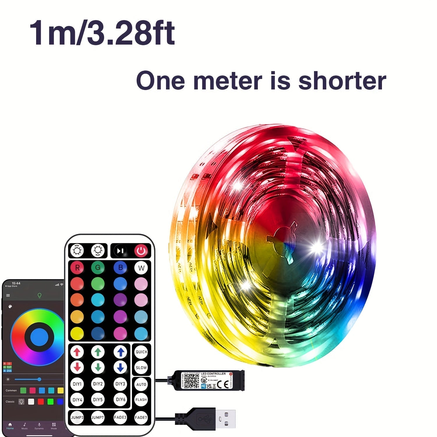 Tira de luces LED inteligente RGB con control por app, sincronización con música, cambio de color, alimentación por USB, incluye control remoto de 44 teclas, ideal para decoración de habitación, fiestas y festivales