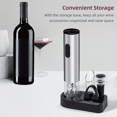 Juego de 5 en 1 para abrir botellas eléctricas, regalo creativo, abridor de vino tinto, abridor de batería seca, juego con base para verter y almacenar vino, completamente funcional.