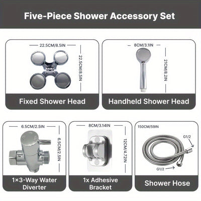 1 ducha de lujo, línea de cintura, cabezal de lluvia de alta presión y juego 2 en 1 portátil. Manguera extra larga, divisor de 3 vías y soporte adhesivo para ducha, accesorios de baño completo, set de ducha