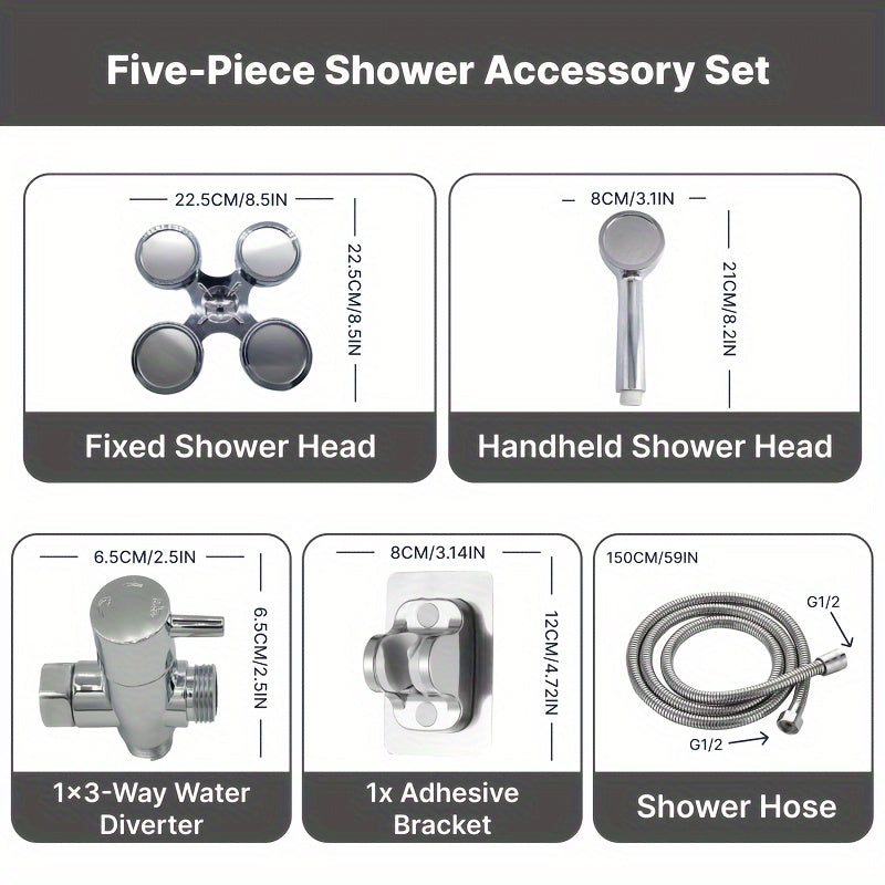1 ducha de lujo, línea de cintura, cabezal de lluvia de alta presión y juego 2 en 1 portátil. Manguera extra larga, divisor de 3 vías y soporte adhesivo para ducha, accesorios de baño completo, set de ducha