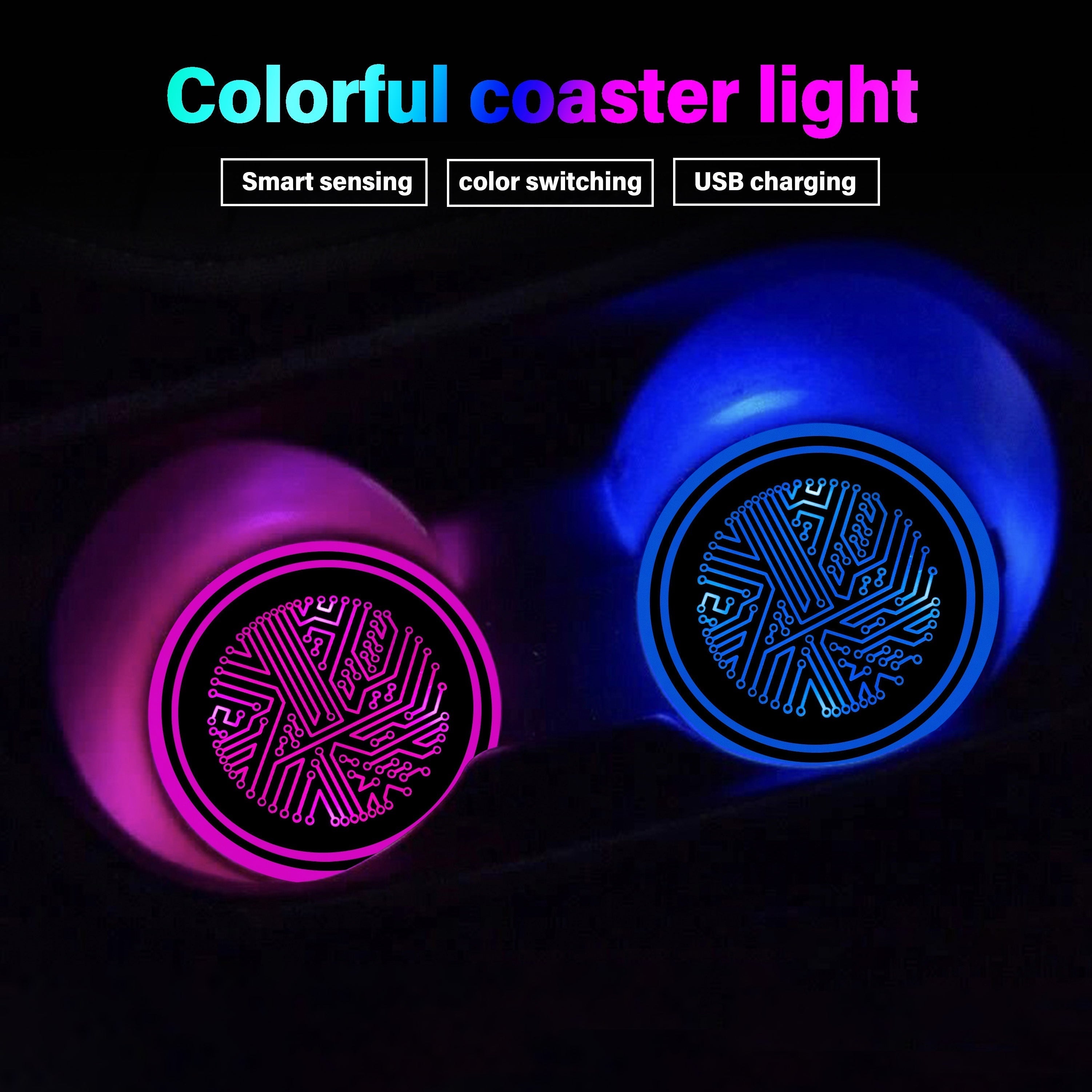 Tapete de luz inteligente LED para soportes de tazas de coche, placas de soporte anti-deslizamiento recargables por USB con sensor vibratorio y apagado automático, modos de encendido y apagado coloreados, accesorios interiores alimentados por batería, ac