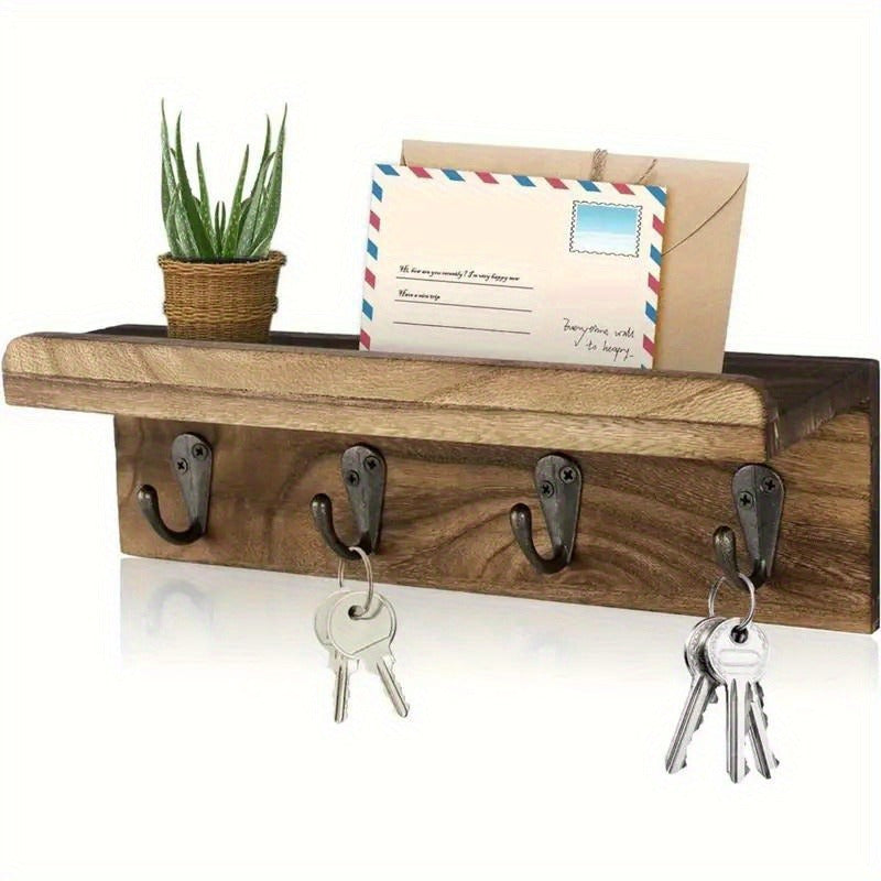 Un soporte de llaves de madera en estilo cabaña, con 4 ganchos, sirve como organizador de correo en la pared para la granja. Es fácil de instalar y perfecto para decorar entradas en dormitorios, cocinas, salas de estar y habitaciones de almacenamiento, l