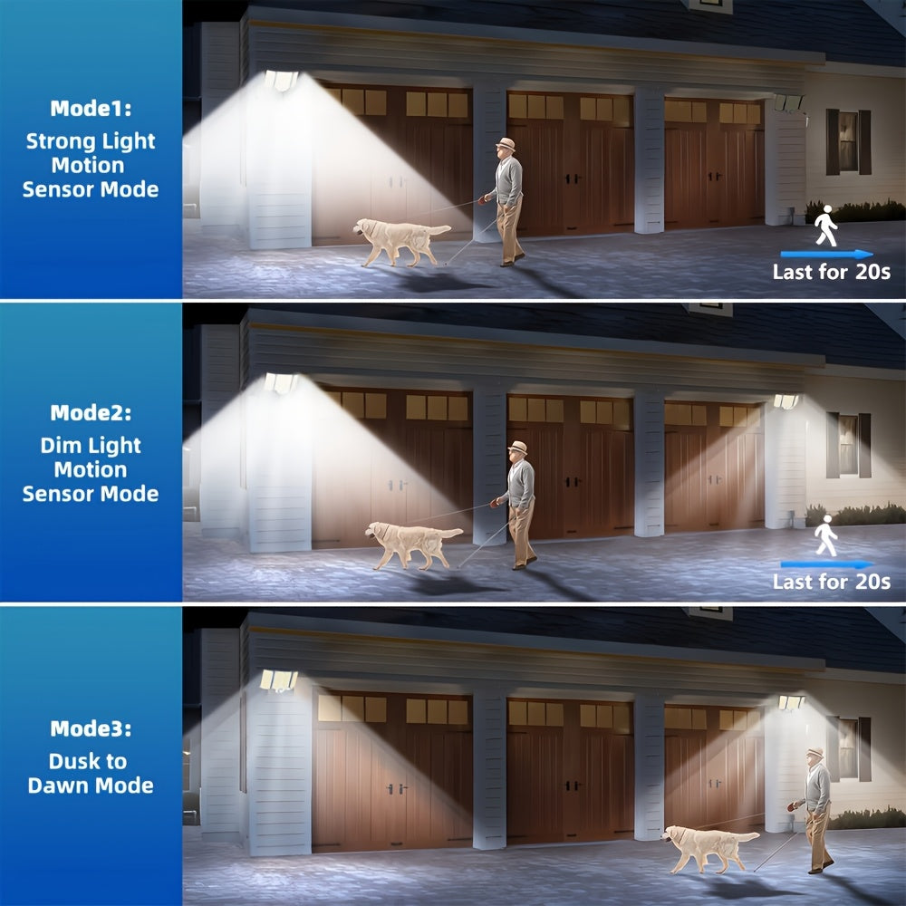 Luces Solares Exteriores de 280 LED con Sensor de Movimiento, Luces Solares IP44 con Control Remoto, 3 Modos, Reflectora Solar de 3 Cabezas para Patio, Garaje, Porche, Jardín