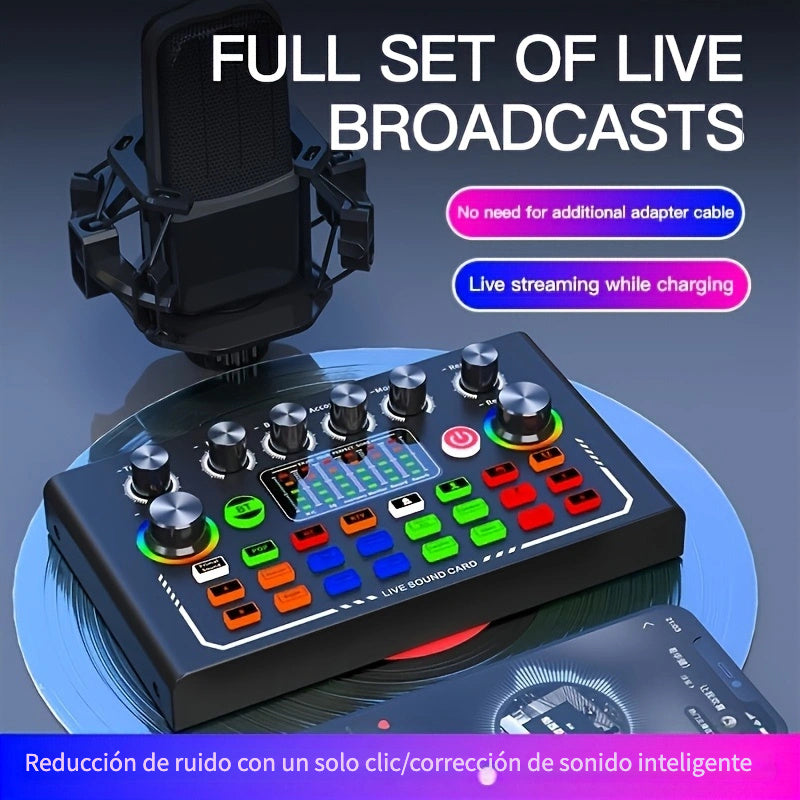 TF009 Pro Mezclador de audio USB con RGB - Conecte y juegue para podcast, KTV, transmisión en vivo | Micrófono incorporado, efectos en tiempo real, diseño compacto y duradero, recargable por USB, accesorio para podcasting, dispositivo elegante, construcc