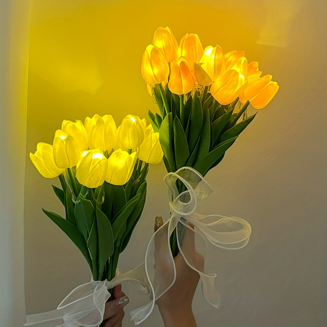 Bombillas de tulipán de luz alimentadas por batería - Amarillo y naranja vibrantes, diseño de flor realista para decoración del hogar, decoraciones de fiesta y canastas de regalo, decoraciones de fiesta | Diseño de flor vibrante | Bombillas de plástico d