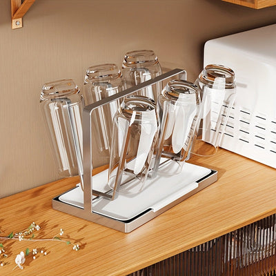 Soporte para botella de agua de acero inoxidable de 6 ranuras con bandeja de goteo - Diseño moderno y elegante para el hogar y la oficina, sistema fácil de beber y fácil de limpiar, organizador minimalista para el baño