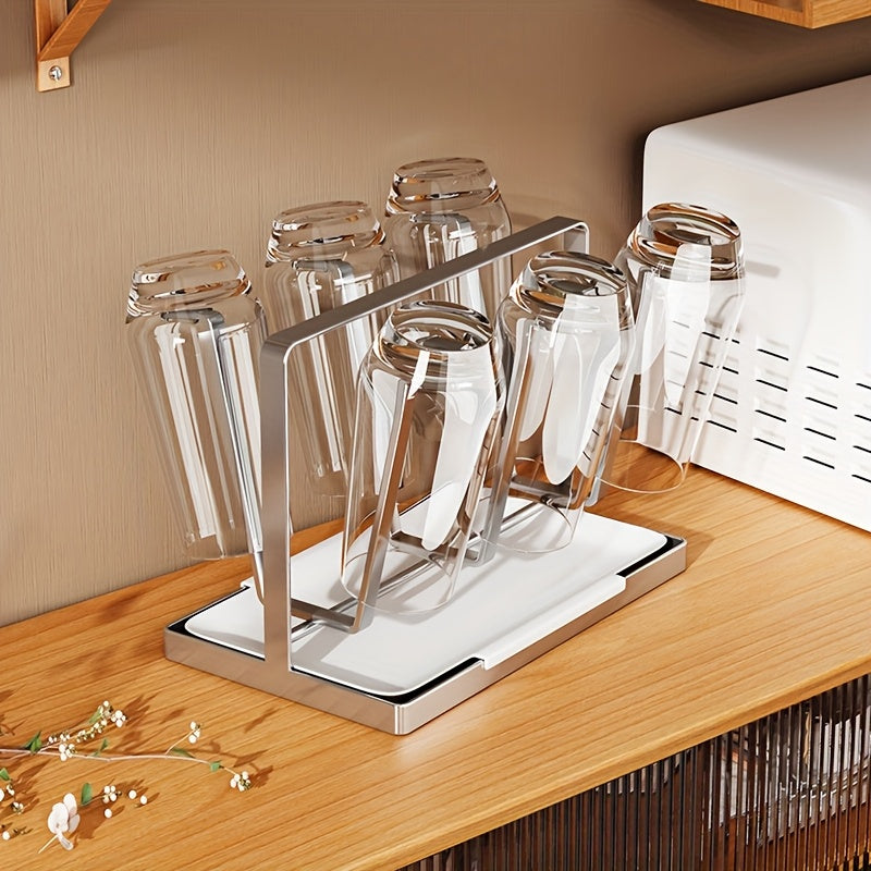 Soporte para botella de agua de acero inoxidable de 6 ranuras con bandeja de goteo - Diseño moderno y elegante para el hogar y la oficina, sistema fácil de beber y fácil de limpiar, organizador minimalista para el baño