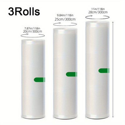 Paquete de 3 Rollos para Selladora al Vacío Agashe - 5m Cada Uno, Bolsas Texturizadas Multi-Ancho (11/7.9/9.5 pulg) para Almacenamiento Fresco de Alimentos, Material Duradero, Longitud Personalizable para Sous Vide y Almacenamiento a Granel, Compatible c