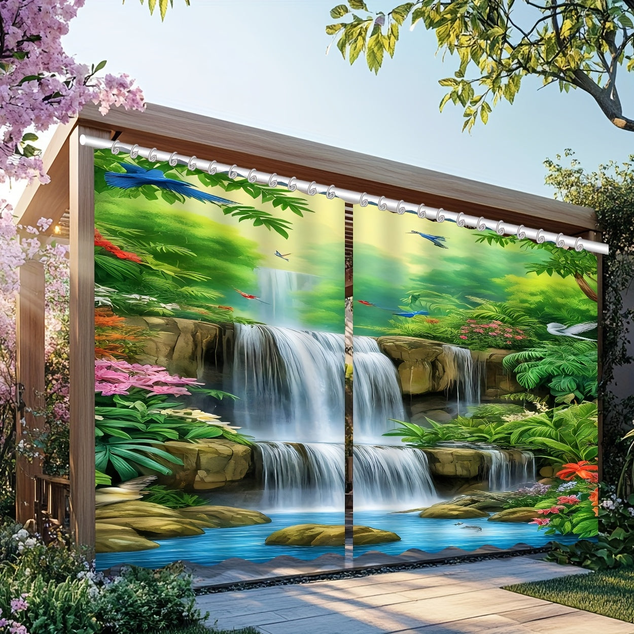 2 piezas, cortinas para exteriores, decorativas para primavera y verano, con patrón de cascada para cortinas de puerta, ventanas, patios, interiores, tela de fondo, adecuadas para colgar decoraciones, utilizadas en pasillos, balcones, jardines, patios, d