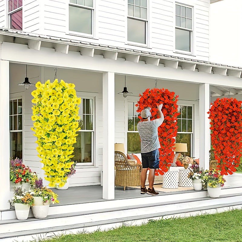 4 Juegos de Flores Artificiales Grandes para Exteriores - Arreglos Florales Realistas Resistentes a los Rayos UV, Decoración Colgante Ombre Amarillo a Rojo para Bodas, Fiestas, Jardín y Sala - Sin Mantenimiento, Batería No Necesaria, Decoración Todo el A