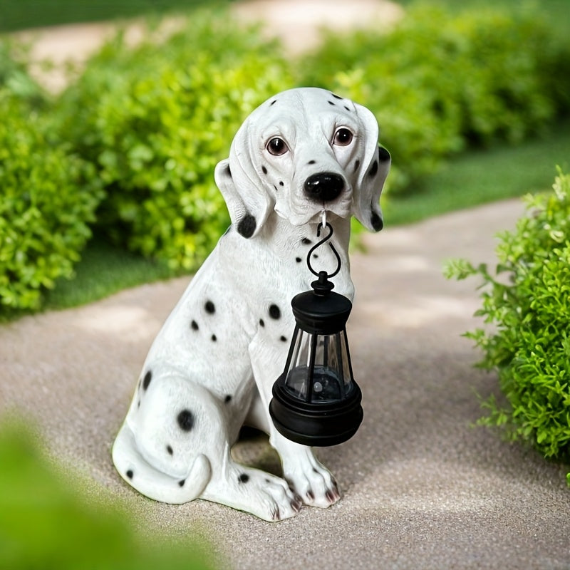 Lámpara de perro Dálmata Solar XXOASIS, decoración de resina para exterior, impermeable, acabado de encaúste, control de interruptor, batería de níquel alimentada por energía solar, ideal para patio, jardín, estanque, decoración de jardín, regalo para am