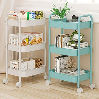 Carrito de almacenamiento metálico giratorio de 3 niveles, rosa/blanco/rojo, organizador móvil duradero con ruedas para cocina, baño y dormitorio, estante compacto que ahorra espacio para alimentos, snacks y artículos de hogar, gancho de utilidad.
