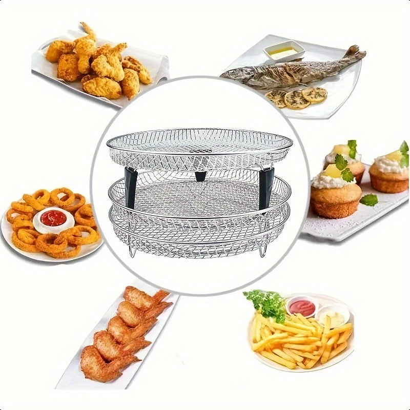 Juego de accesorios para freidora de aire de acero inoxidable grado alimenticio: rejilla apilable, pinzas, tapete elevador, estante de tres niveles saludable, compatible con lavavajillas y horno, apto para olla a presión, múltiples formas, cocina y horne