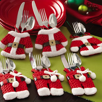 1 Juego De 6 Piezas, Vajilla Porta Cubiertos Navideños De Traje De Papá Noel, Decoraciones De Bolsas De Cubiertos, Decoración Navideña, Decoración De Mesa, Decoración Del Hogar, Decoración De Cocina