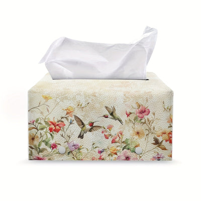 1pc Cubierta de Caja de Pañuelos de Cuero Pu con Cinturón Antideslizante, Estampado Vintage de Flores y Colibrí, Organizador Portátil de Pañuelos, Cubierta Decorativa para Caja de Pañuelos para Sala de Estar, Baño y Oficina