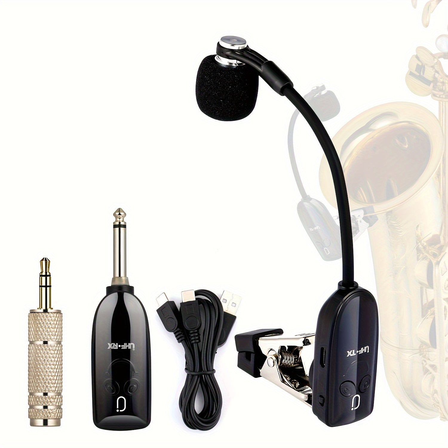 Micrófono inalámbrico UHF de la marca JYX con clip, receptor, transmisor - Plug & Play, carga USB-C, batería de litio recargable, potencia de 2,5-15W, ideal para orquesta, guitarra y saxofón, micrófono U230, mejora del audio del saxofón, equipo de audio