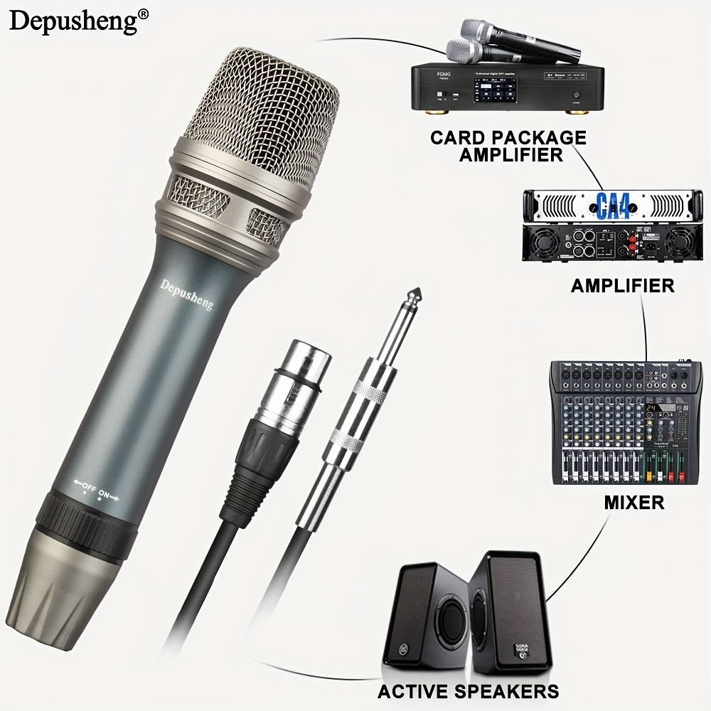 Microfono Voz Dinámico Depusheng C90, Profesional de Mano Unidireccional con Bobina Móvil y Función Silenciosa, Conector de 6.35mm, Azul, para Karaoke, Juegos, Transmisión en Vivo, Grabación y Videollamadas, Diseño Elegante del Micrófono | Construcción R