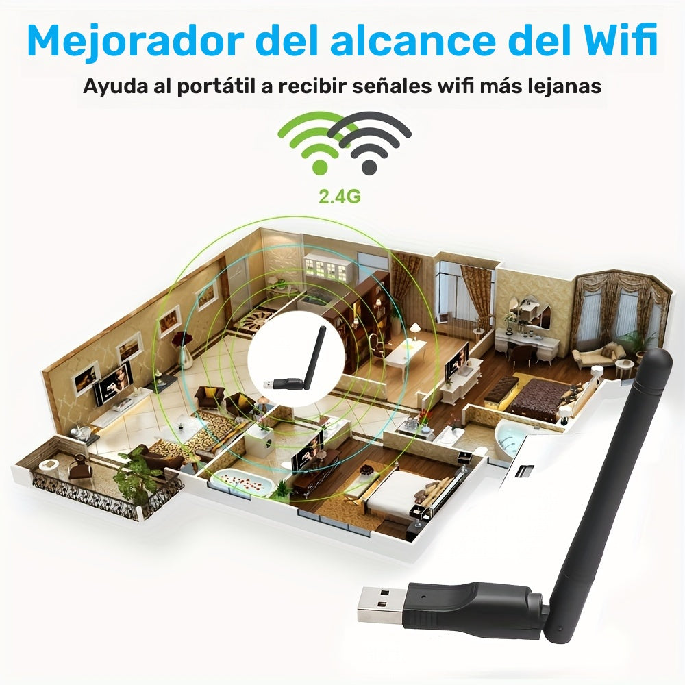 Repetidor de Red con Antena Única USB, Adaptador WiFi Modelo Mini con Interfaz USB 150Mbps, Tarjeta de Recepción Inalámbrica para TV por Cable y PC, Compatible con Ordenadores Portátiles y Escritorio