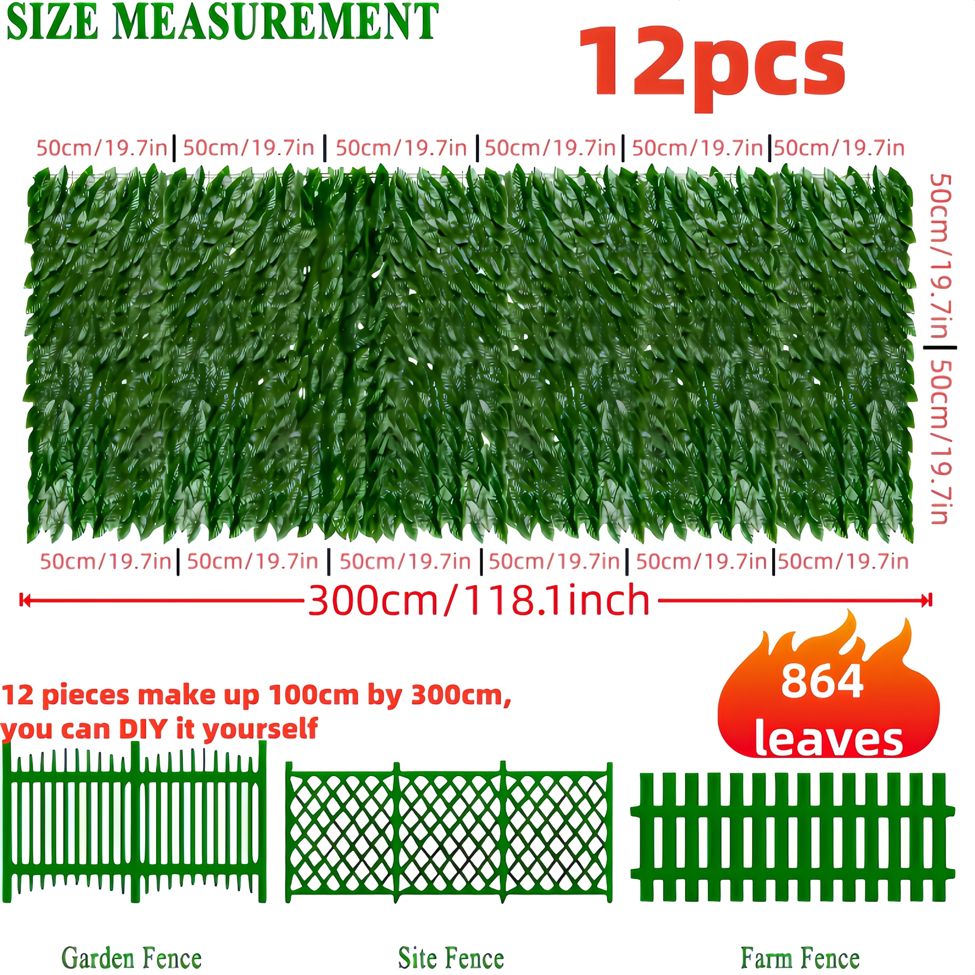 12 paneles premium de hiedra artificial para exteriores, 600 cm x 50 cm o 300 cm x 100 cm, pantalla de privacidad resistente a los rayos UV, decoración de pared verde de plástico duradero para uso en interiores/exteriores, fácil de colgar en patio, jardí