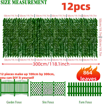 12 paneles premium de hiedra artificial para exteriores, 600 cm x 50 cm o 300 cm x 100 cm, pantalla de privacidad resistente a los rayos UV, decoración de pared verde de plástico duradero para uso en interiores/exteriores, fácil de colgar en patio, jardí