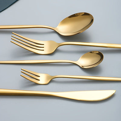 Juego de Cubiertos Elegante de Acero Inoxidable Dorado - 30 Piezas: Cuchillos, Tenedores y Cucharas Postre - Apto para Lavavajillas, Ideal para Hogar, Cocina, Restaurantes, Hoteles, Fiestas, Acción de Gracias, Navidad y Bodas - Juego de Utensilios de Alt
