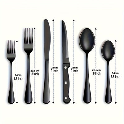 Juego de 24 piezas de cuchillería occidental de alta calidad de acero inoxidable, con cuchillo, tenedor y cuchara. Cuchillo de cuchillo de carne, cuchillo de bistec, cubertería negra. Cubertería de plata de acero inoxidable, cuchillo de postre, tenedor y