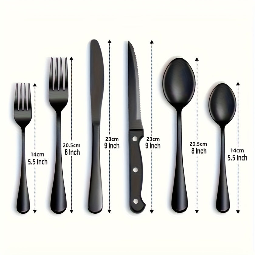 Juego de 24 piezas de cuchillería occidental de alta calidad de acero inoxidable, con cuchillo, tenedor y cuchara. Cuchillo de cuchillo de carne, cuchillo de bistec, cubertería negra. Cubertería de plata de acero inoxidable, cuchillo de postre, tenedor y