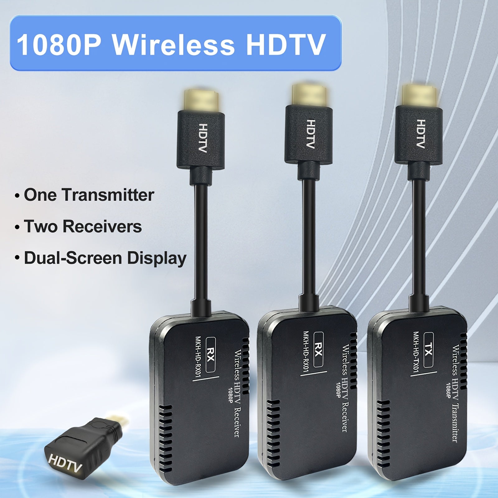 Transmisor sin varillas HD MTR1 y 2 Receptores, Kit de Amplificador HD 1080P, Rango de 50m/165 Pies para Espejo Pantalla de Portátil/Cámara/Teléfono en Monitor/Proyector/TV, TX adecuado para PS5, Xbox, Switch, Steamdeck y Consolas HD (1TX+2RX 1080P)