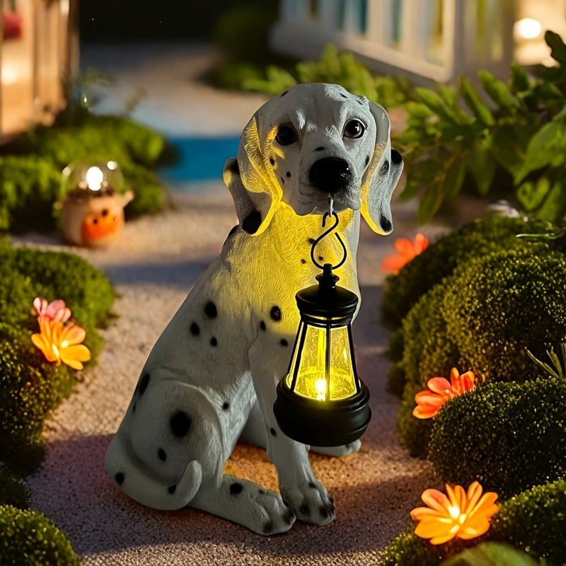 Lámpara de perro Dálmata Solar XXOASIS, decoración de resina para exterior, impermeable, acabado de encaúste, control de interruptor, batería de níquel alimentada por energía solar, ideal para patio, jardín, estanque, decoración de jardín, regalo para am