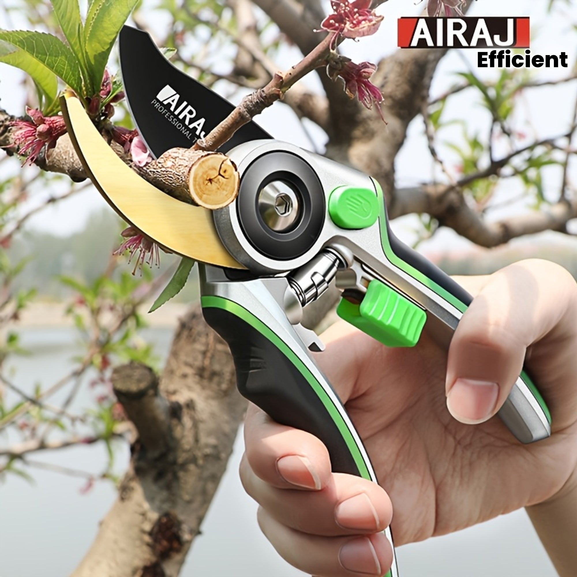 1 tijera de podar ergonómica AIRAJ - Afilada, duradera y segura con empuñaduras de goma verde cómodas para el cuidado sin esfuerzo de plantas, no requiere montaje - y verde - Ideal para jardineros y amantes de las plantas - Adecuada para todas las estaci